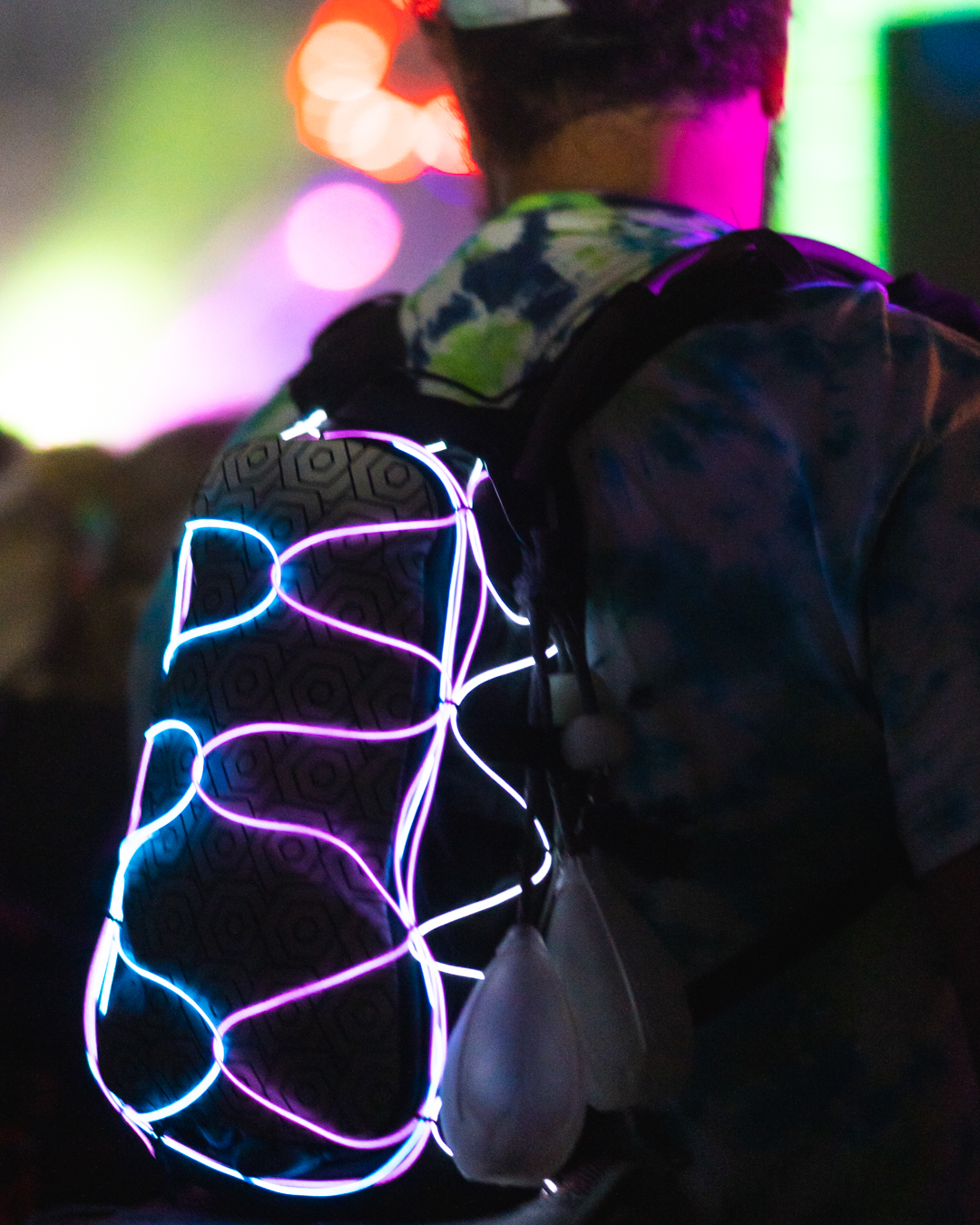 Close-up of Lunchbox pack with lightshow wires